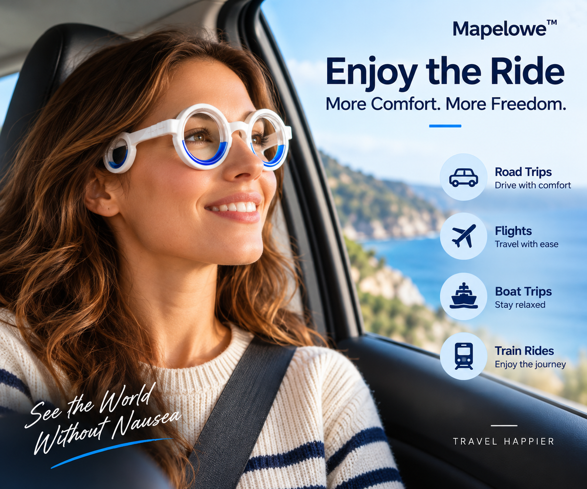 Mapelowe™ Motion Sickness Glasses – Travel Comfort for Cars, Planes & Boats