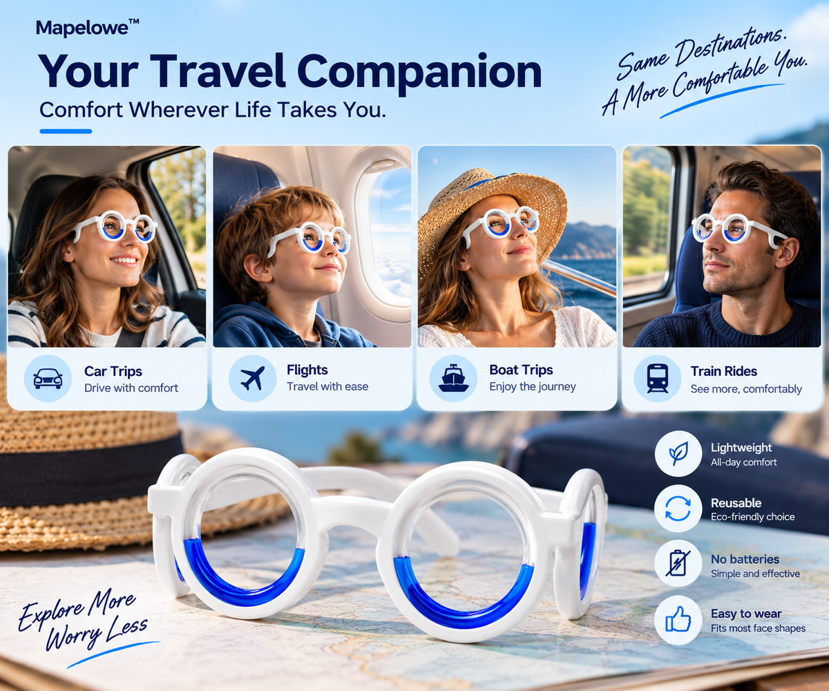 Mapelowe™ Motion Sickness Glasses – Travel Comfort for Cars, Planes & Boats